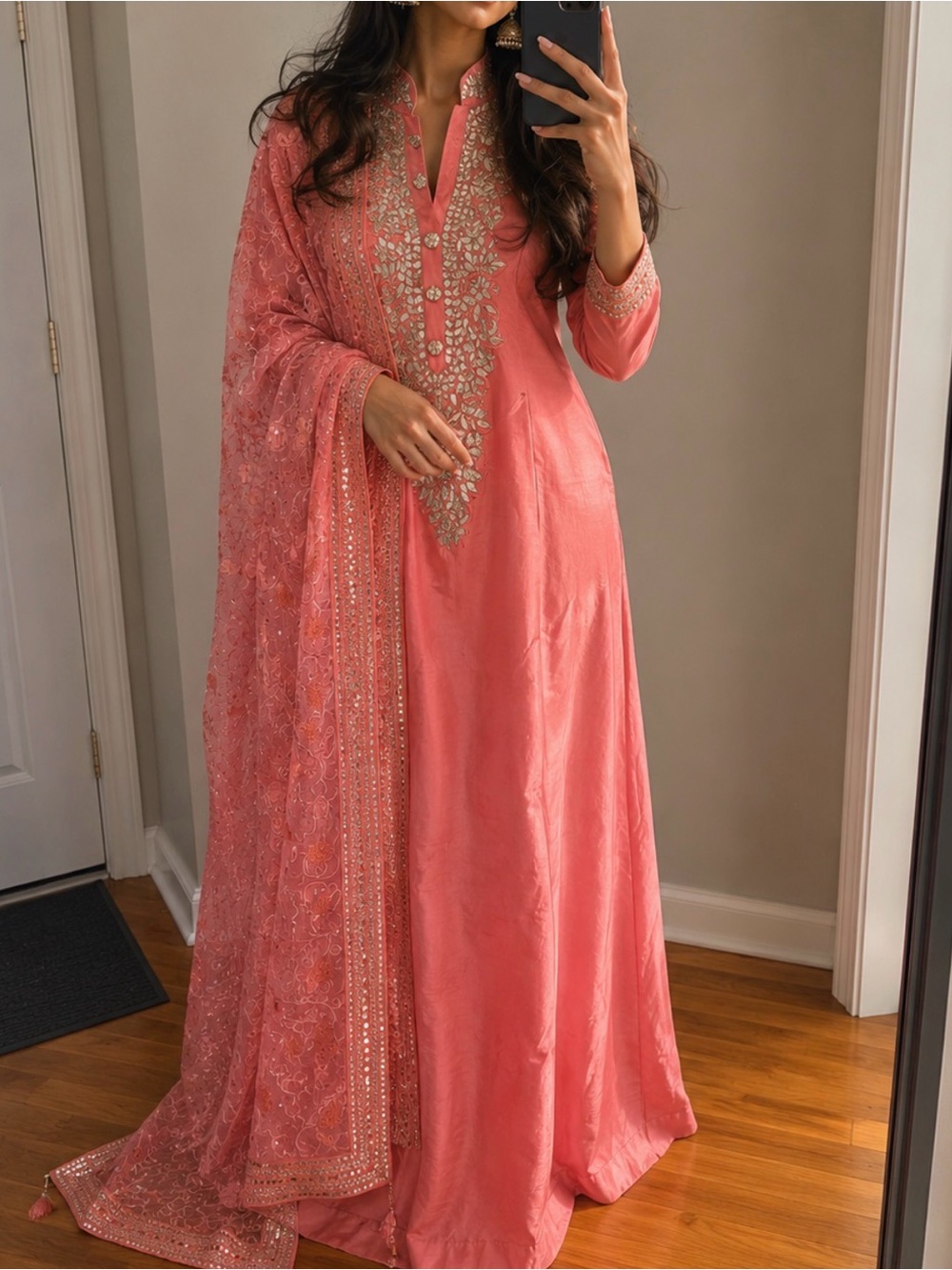 Embroidered Coral Pink Women's Long Dress with Dupatta
